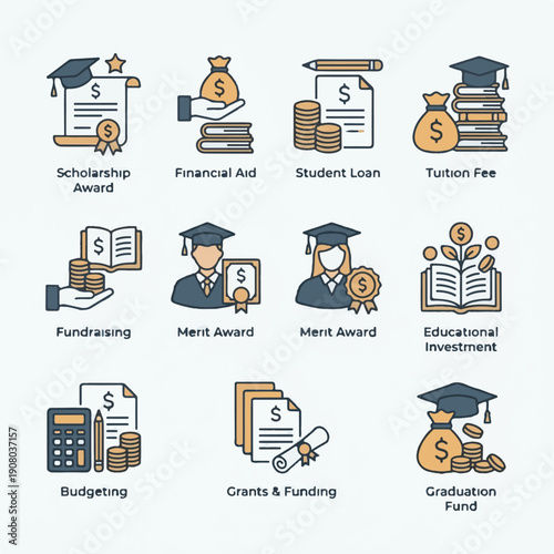 Education Funding, Financial Aid, and Scholarship Flat Vector Icon Set