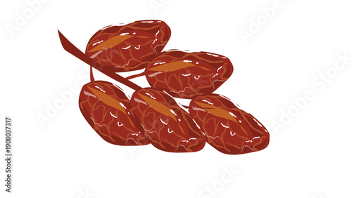 A detailed illustration of a branch of ripe, reddish-brown dates ready for consumption.