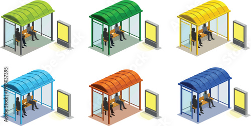 Modern isometric bus stop station set with passengers bench and billboard, cad drawing flat vector illustration