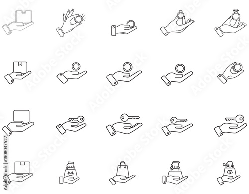 Collection of hand icons offering various services and items like money, keys, and packages