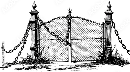 A black and white illustration of a wrought-iron gate, chained and overgrown with vegetation