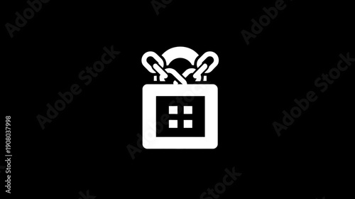 A white square with a window design, locked by chains and a padlock on a black background