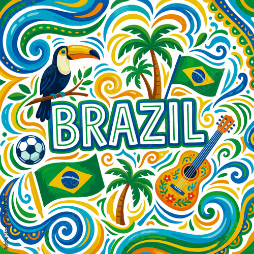 Brazil cultural celebration concept with toucan, flags, and guitar, vibrant flat vector illust