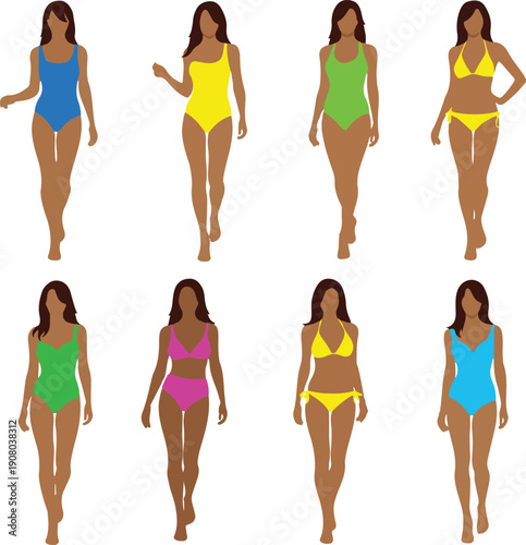 Set of Diverse Women in Fashionable Swimwear, Vector Illustrations of Models in Bikinis and One-Piece Swimsuits Isolated on White
