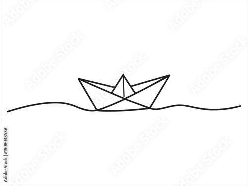 Paper boat continuous line art, One continuous line drawing of paper boat. Minimalist paper boat design in continuous one line vector drawing isolate outline illustration