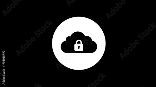 A cloud icon with a lock inside a white circle on a black background
