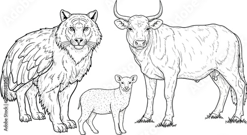 Line art drawing of a tiger-like creature, a bull with horns, and a lamb, presented together in a stylized composition.