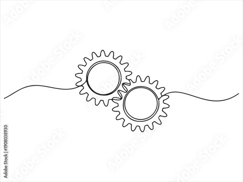 Interlocking gears drawn with a single continuous line vector, Interlocking gears in a continuous line drawing style Illustration vector