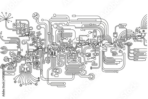 A complex circuit board design with intricate lines and shapes