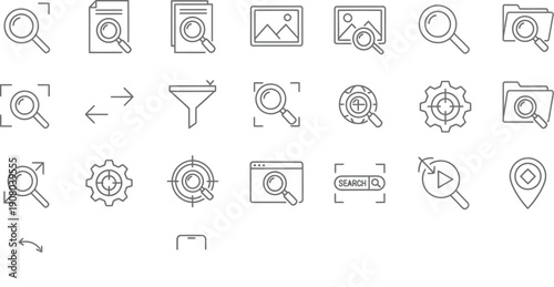A versatile collection of essential black line art icons representing various search concepts including file document image browser mobile computer and map location targeting functions.
