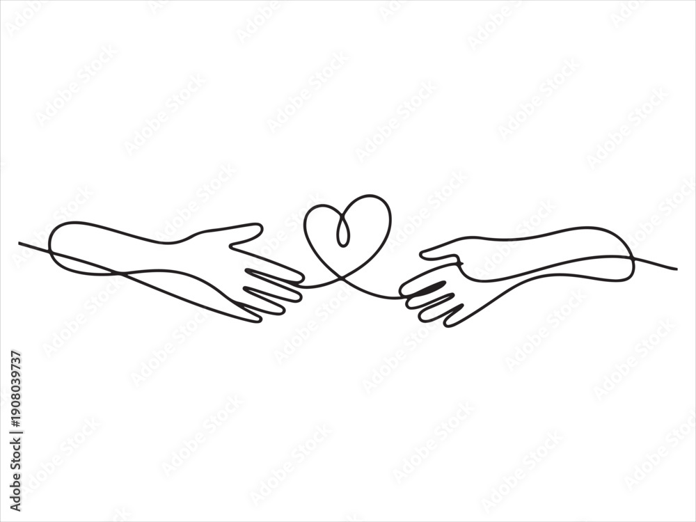 Obraz premium Two hands delicately hold a continuous black line forming a heart shape, Continuous Line Hands Forming Heart Connection Illustration