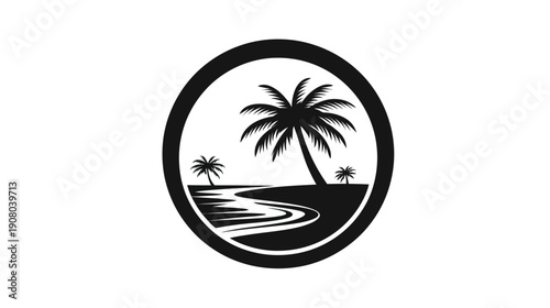 A black and white circular design of a palm tree island scene with a water stream