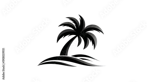 A stylized monochrome palm tree silhouette, with layered leaves over a small dune, set on white
