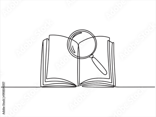 Open book with magnifying glass line art, Continuous one line drawing of a magnifying glass on an open book vector illustration