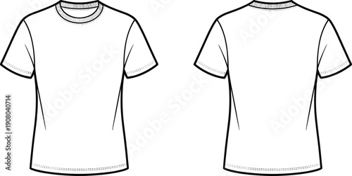 Basic t shirt mockup front and back views, clean outline vector template for apparel branding, fashion design