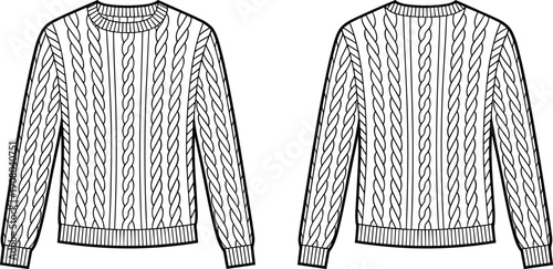 Cable knit sweater mockup front and back views, detailed outline vector template for apparel branding, fashion design