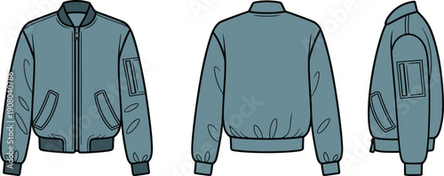 Bomber jacket mockup front back and side views, detailed vector template for apparel branding, streetwear fashion design