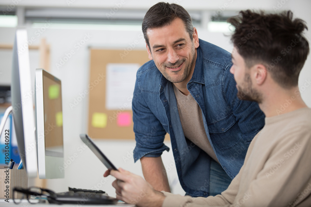 Fototapeta premium teacher working with male teenage pupil at computer