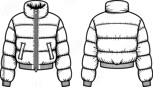 Puffer jacket mockup front and back views, detailed outline vector template for winter apparel branding, fashion design