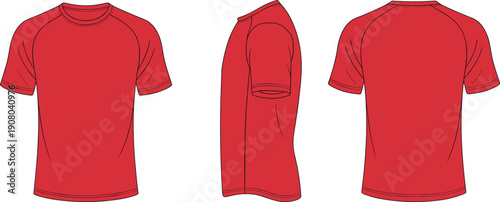 Red t shirt mockup front side back views, realistic apparel template for fashion design, branding presentation, print ready vector illustration