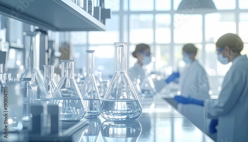 Chemical synthesis laboratory with distillation equipment, flasks and beakers, professional lab technicians in protective gear, scientific research process, pharmaceutical development, high-tech.