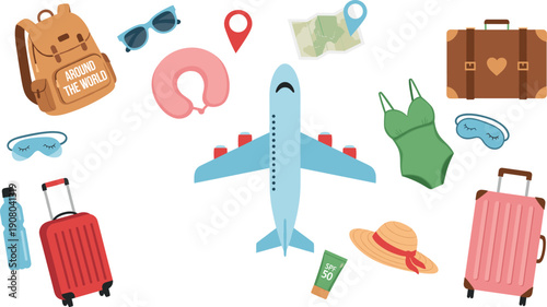 Travel and vacation icons set with airplane luggage backpack swimsuit and journey accessories flat vector illustration