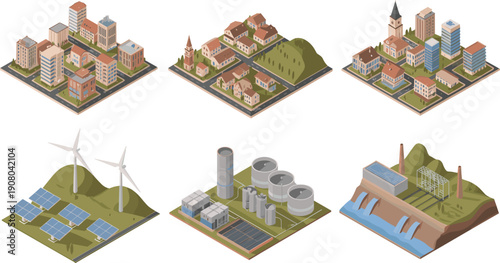 Isometric urban infrastructure and renewable energy illustration set, city districts power plants sustainable industrial landscape vector