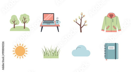 Spring season icons: trees, laptop, pussy willow, jacket, sun, grass, cloud, notebook