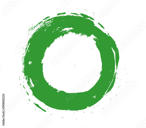 Green grunge brush stroke circle vector. Textured zen enso ring on transparent background