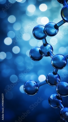 Close up view of a complex molecular structure surrounded by shimmering water droplets emphasizing scientific detail and purity.