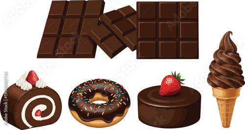 Chocolate desserts and sweets collection with bars donut cake ice cream and pastry flat vector illustration