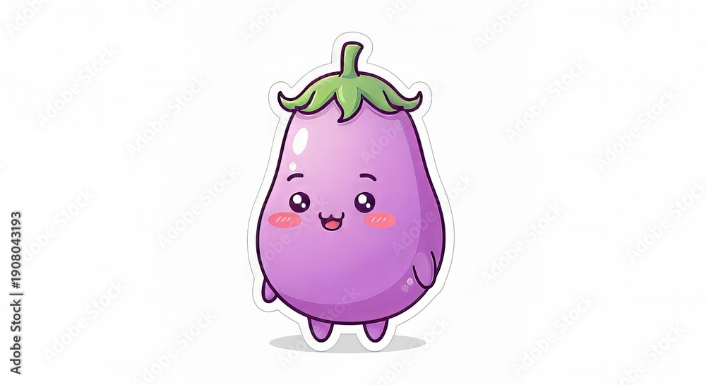 Fototapeta premium Cute Pastel Purple Eggplant Character with Rosy Cheeks and Adorable Expression on White Background