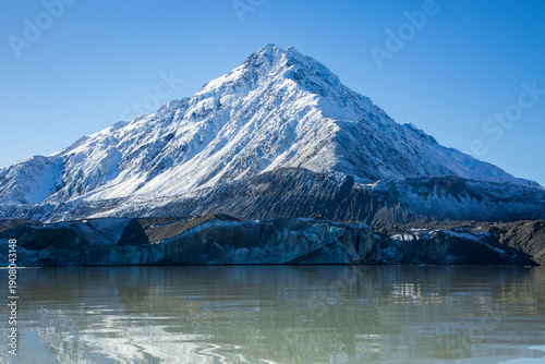 Bilde på lerret The terminus of the Tasman Glacier in Mount Cook National Park, New Zealand, wit