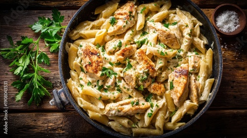Creamy chicken penne pasta with alfredo sauce and fresh parsley in a cast iron skillet
