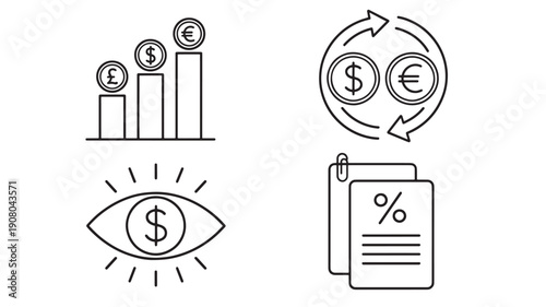 Icon Set Featuring Market Growth, Foreign Exchange, and Investment Strategy Symbols