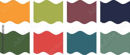 Colorful wavy rectangular shapes in various colors on white background