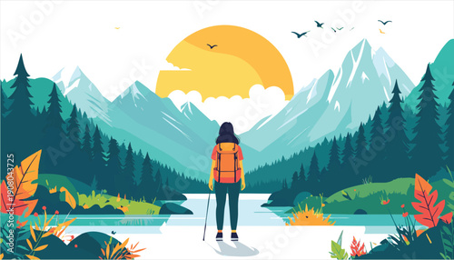 vector Illustration of a woman hiking alone in a serene mountainous landscape with a lake and trees at sunset