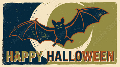 Happy Halloween Retro Poster: Vintage Grunge Bat Flying Against a Crescent Moon.