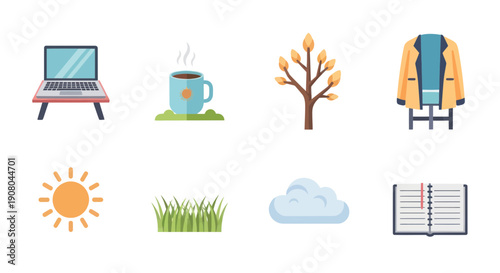 Autumn Season Icons: Laptop, Coffee, Tree, Jacket, Sun, Grass, Cloud, Book