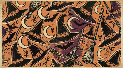 Retro Halloween Seamless Pattern with Witch Hats, Brooms, Crescent Moons, and Bats. Vintage Occult Woodcut Background Texture.