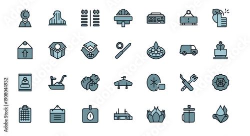 Set of 30 icons representing logistics, industry, and business concepts