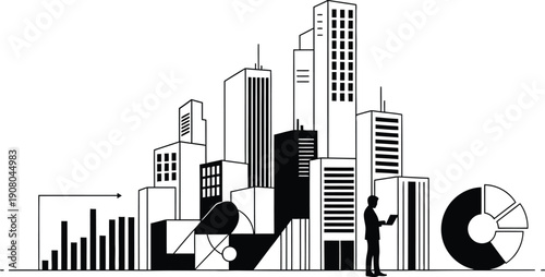 Panoramic cityscape with silhouetted skyscrapers, a person with a tablet, and business graphics.