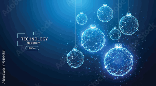 A blue and white image of several orbs floating in the air with technology