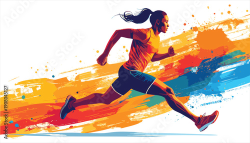 vector Illustration of a woman running with dynamic colorful brush strokes