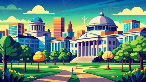 Very beautiful summertime campus scenery of Massachusetts Institute of Technology (MIT) in Cambridge, Massachusetts, USA, presenting green spaces and academic buildings under bright seasonal light.