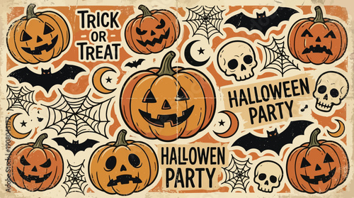 Vintage Halloween Sticker Background Pattern. Retro Jack-O-Lanterns, Skulls, Bats, Spiderwebs, and Trick or Treat elements for spooky party posters and invitations.