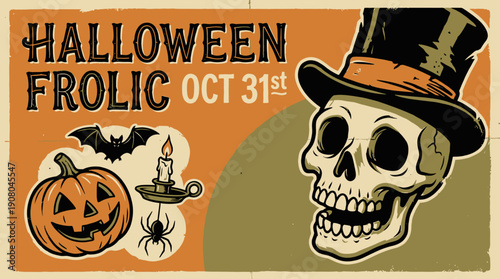 Retro Halloween Party Poster Template: Vintage Skeleton Skull in Top Hat, Jack O'Lantern, and Bat. Spooky October 31st Event Invitation Design with Distressed Texture.