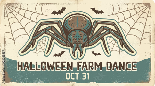 Vintage Halloween Farm Dance Poster. Retro Event Invitation Template with Spooky Spider, Cobwebs, and Bats. October 31.
