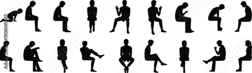 Flat vector silhouettes of people in seated and crouched postures, illustrating human poses, contemplation, meditation, psychology, lifestyle, ergonomic design concepts
