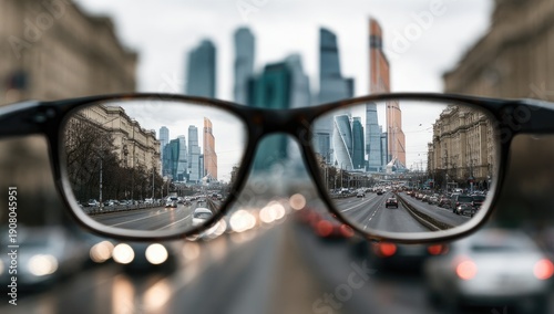 View through eyeglasses focusing on city's skyscrapers